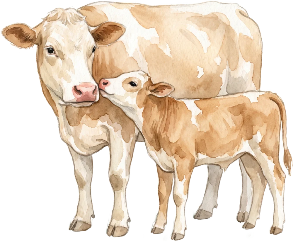 Watercolour illustration of a cow and her calf